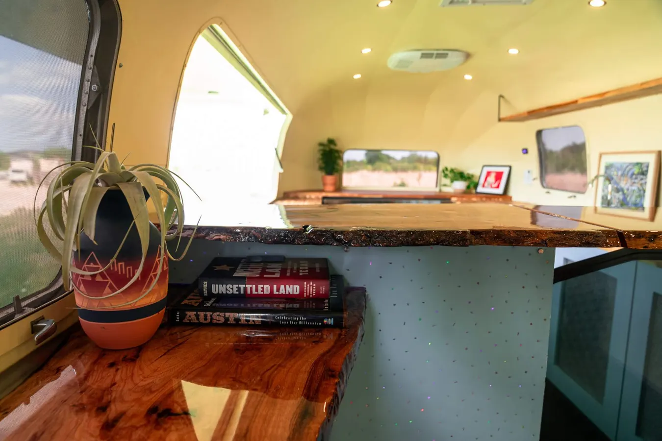 Live-edge wood counter detail with curated decor