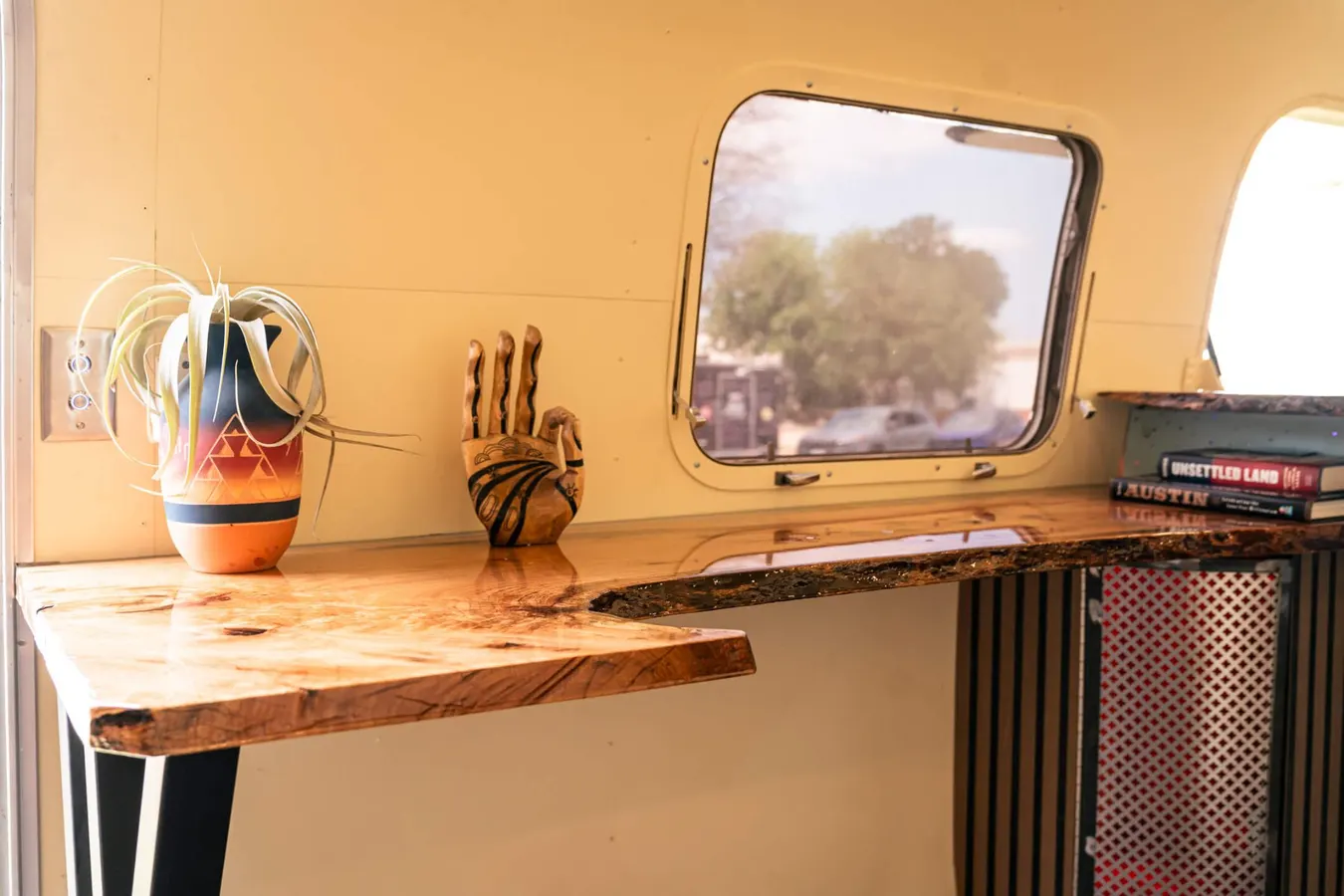 Live-edge bar top with curated southwestern decor
